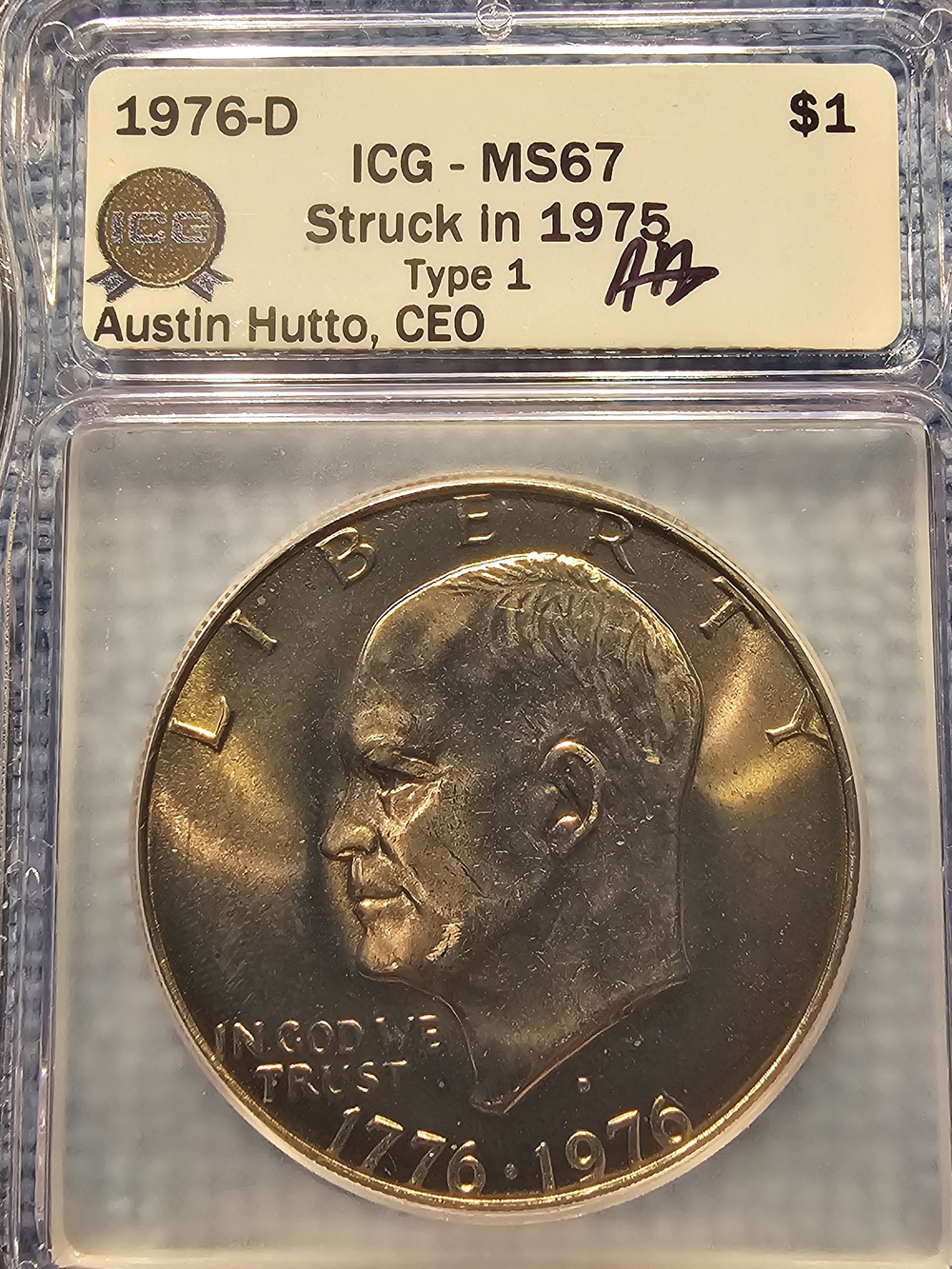 ICG MS67 1976-D Type 1 Eisenhower Dollar (Struck in 1975) - Gold-Toned